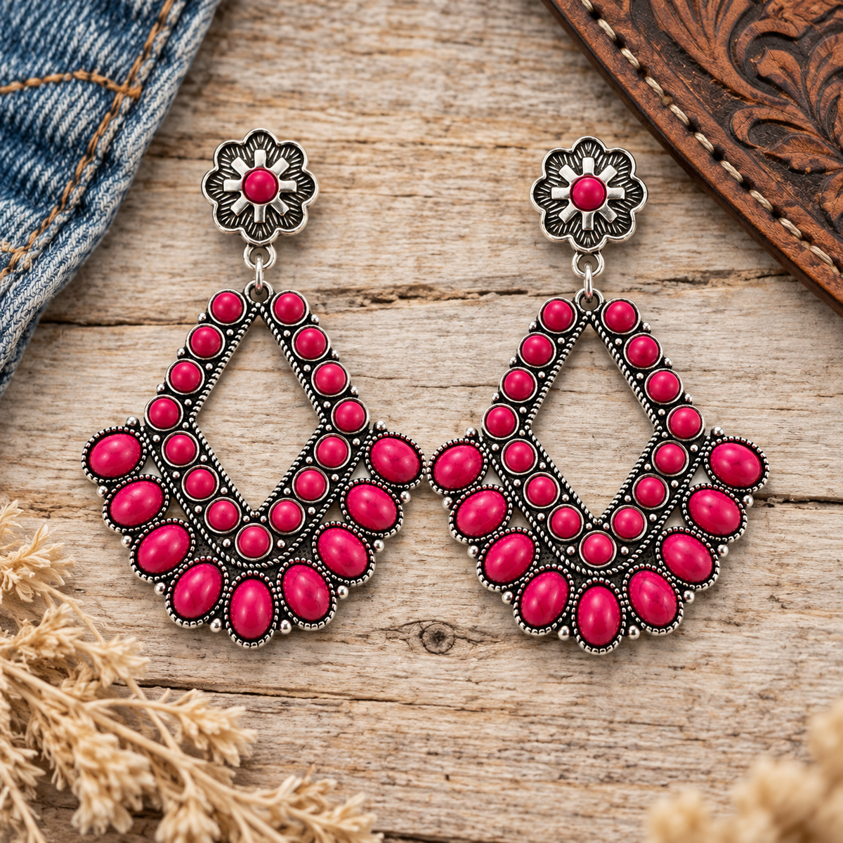 Rodeo Rose pink stone earrings styled with denim, tooled leather and rustic western accents