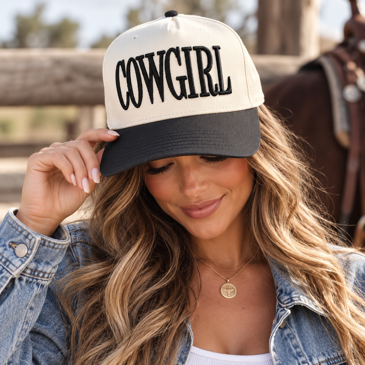 Cowgirl Embroidered Trucker Hat – Black & Neutral