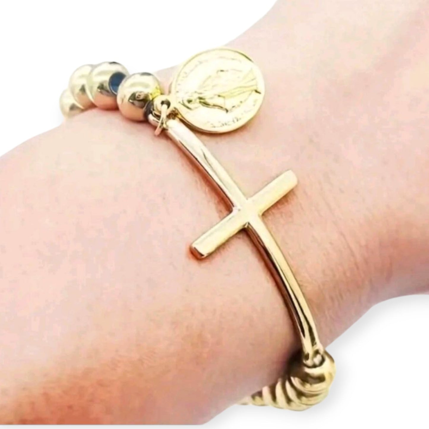 Stainless Steel 8mm Round Bead Stretch Cross Bracelet