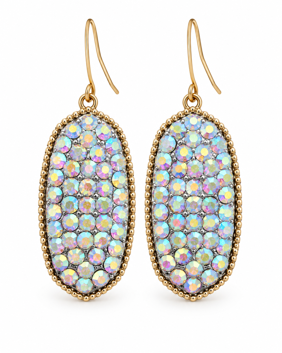 Moonlight Spark iridescent drop earrings with multicolor crystal-style accents and gold-tone hooks on a white background