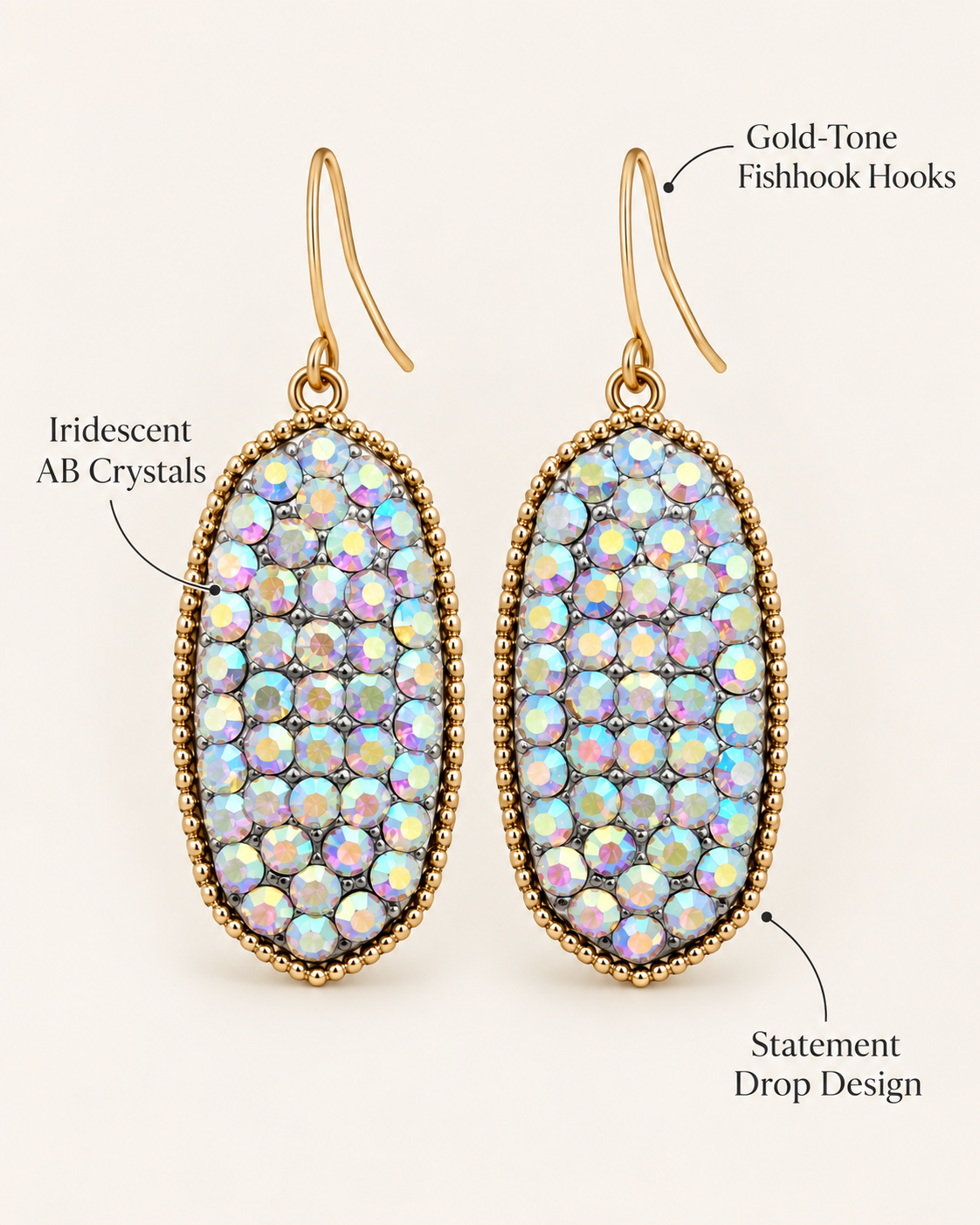 Attribute image showing iridescent AB crystal-style accents, gold-tone fish-hook wires and statement drop design