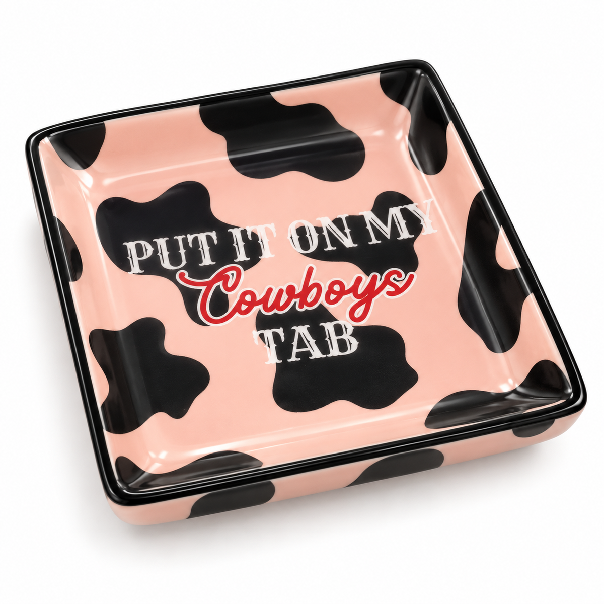 Put It On My Cowboys Tab pink cowprint square trinket tray angled product view