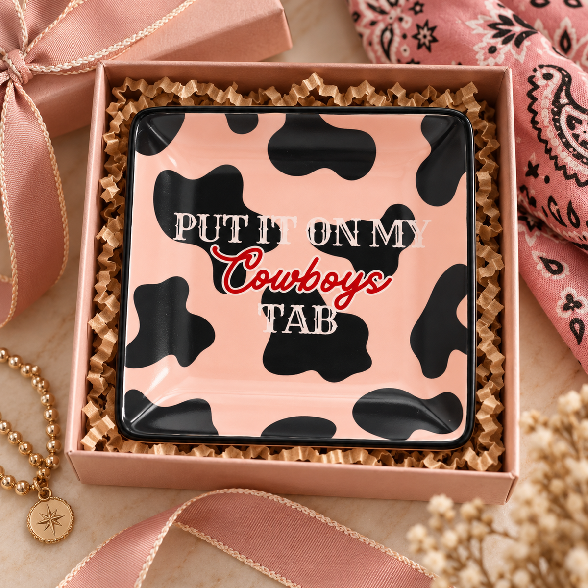 Put It On My Cowboys Tab square trinket tray size guide with top and side measurements