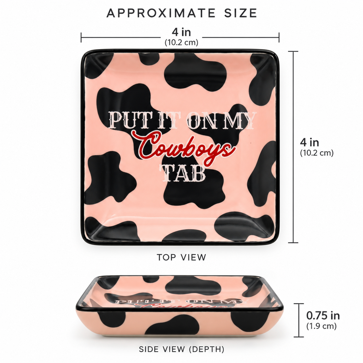 Pink cowprint western trinket tray styled with perfume, lipstick, and gold jewelry
