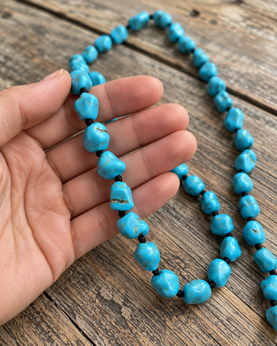 A hand holding a strand of chunky turquoise beads with black spacer beads, displayed against a rustic wooden background.