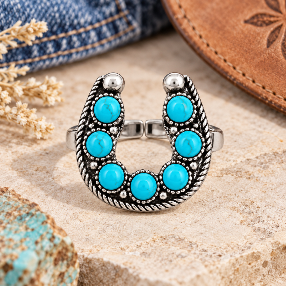 Close-up of faux turquoise-colored stones and detailed silver-tone horseshoe ring design