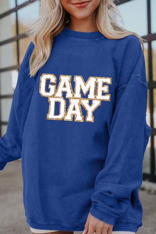 Dark Blue GAME DAY Glitter Sweatshirt – Ribbed Drop Shoulder Pullover
