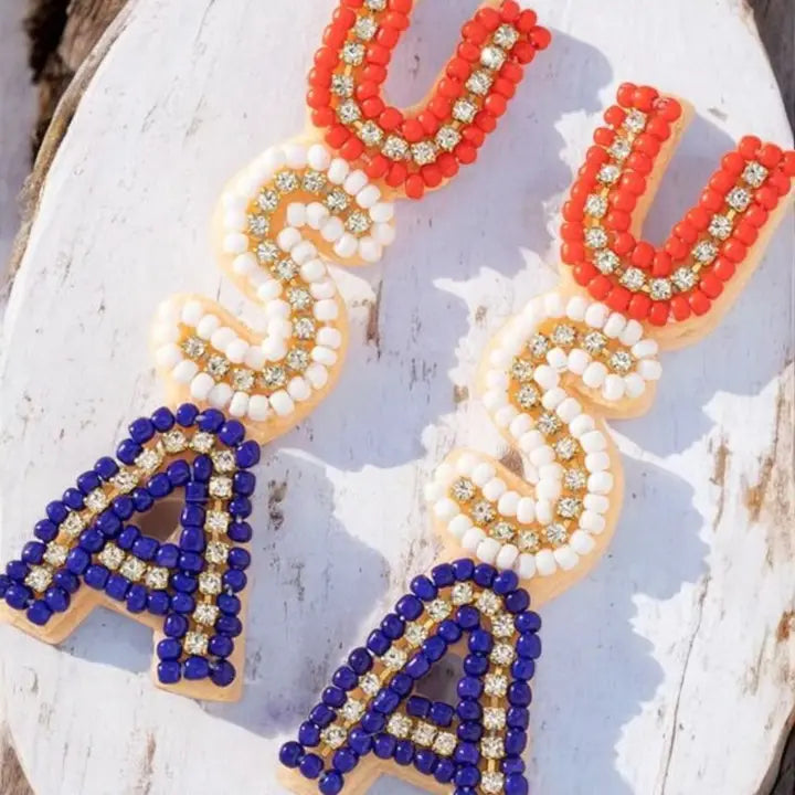 Patriotic For The USA Seed Beed Drop Earrings