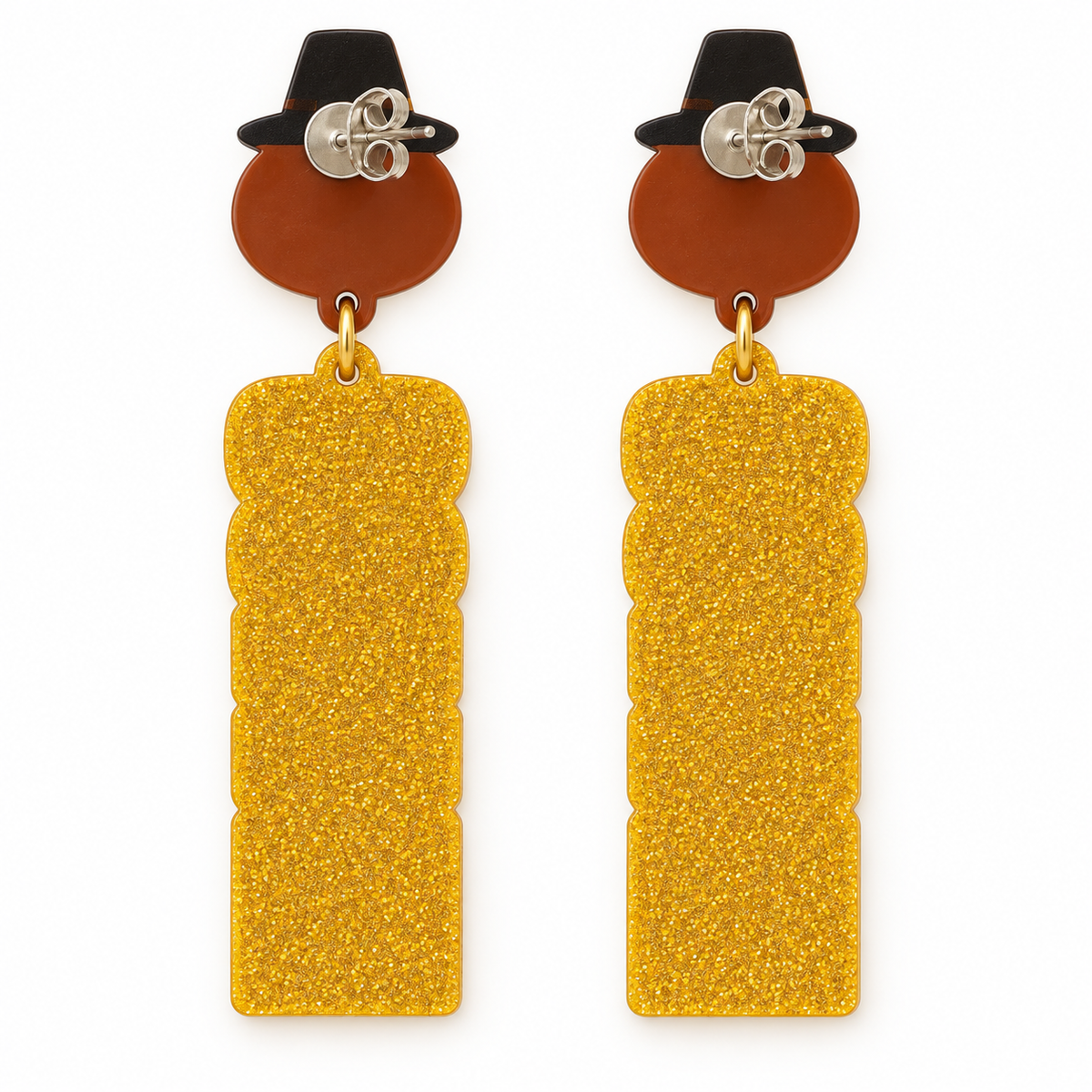Back view of Gobble turkey acrylic statement earrings showing post-back hardware and glitter acrylic reverse