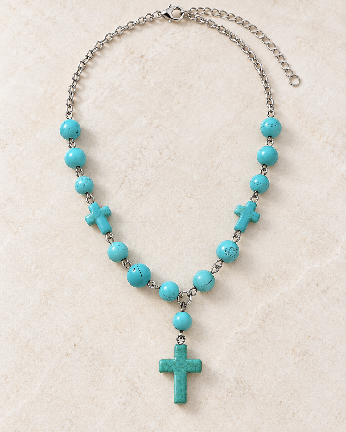 Desert Faith turquoise-tone cross necklace with silver-tone chain, round veined beads and three cross accents