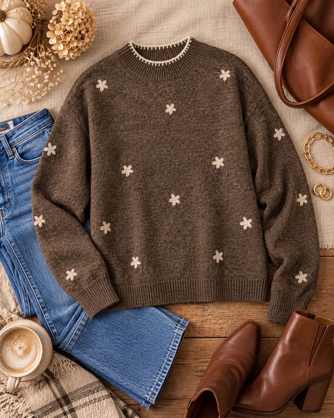 A brown knit sweater with small white embroidered flower motifs is styled in a flat lay with blue jeans, brown leather ankle boots, a beige tote bag, dried flowers, and a cup of coffee on a wood surface.
