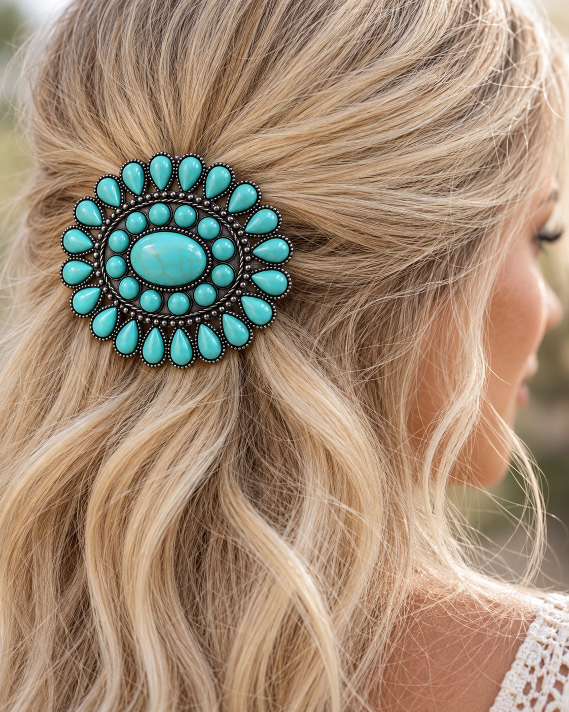 A close-up lifestyle shot of a woman with blonde wavy hair wearing a large turquoise and silver braided hair clip.