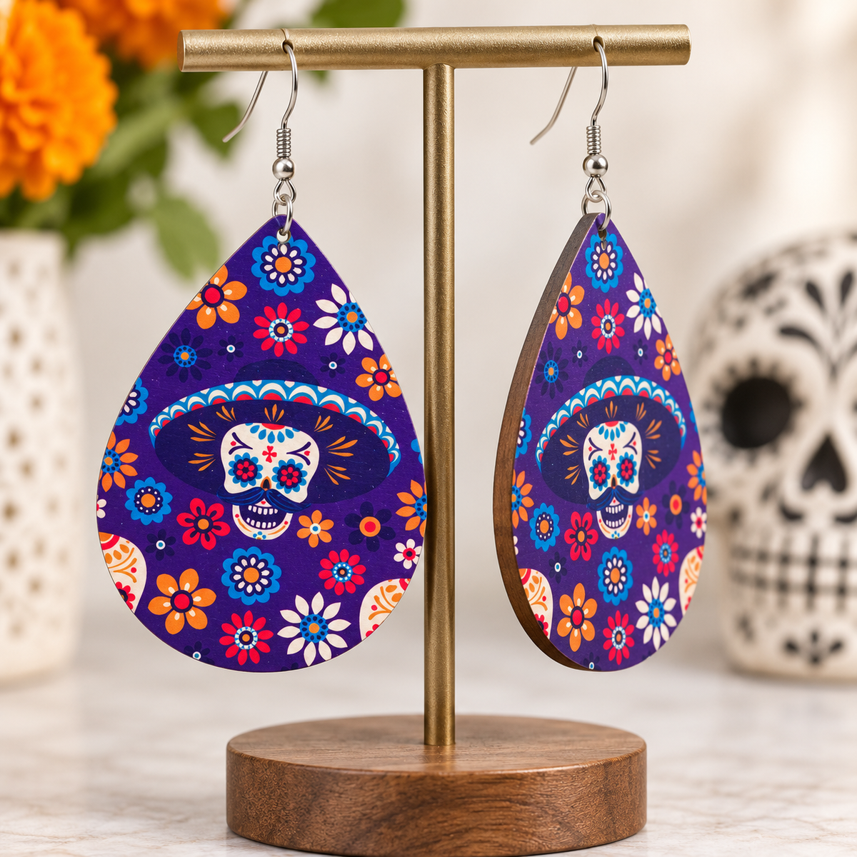 Side and front view of colorful wood teardrop earrings showing thin wooden construction and silver-tone hooks