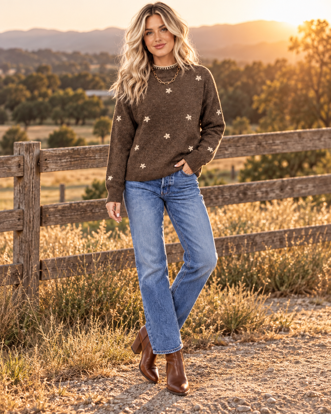 A woman stands outdoors in a rural setting at sunset, wearing a brown knit sweater with small white star motifs, blue jeans, and brown ankle boots. A wooden fence and field are visible behind her.