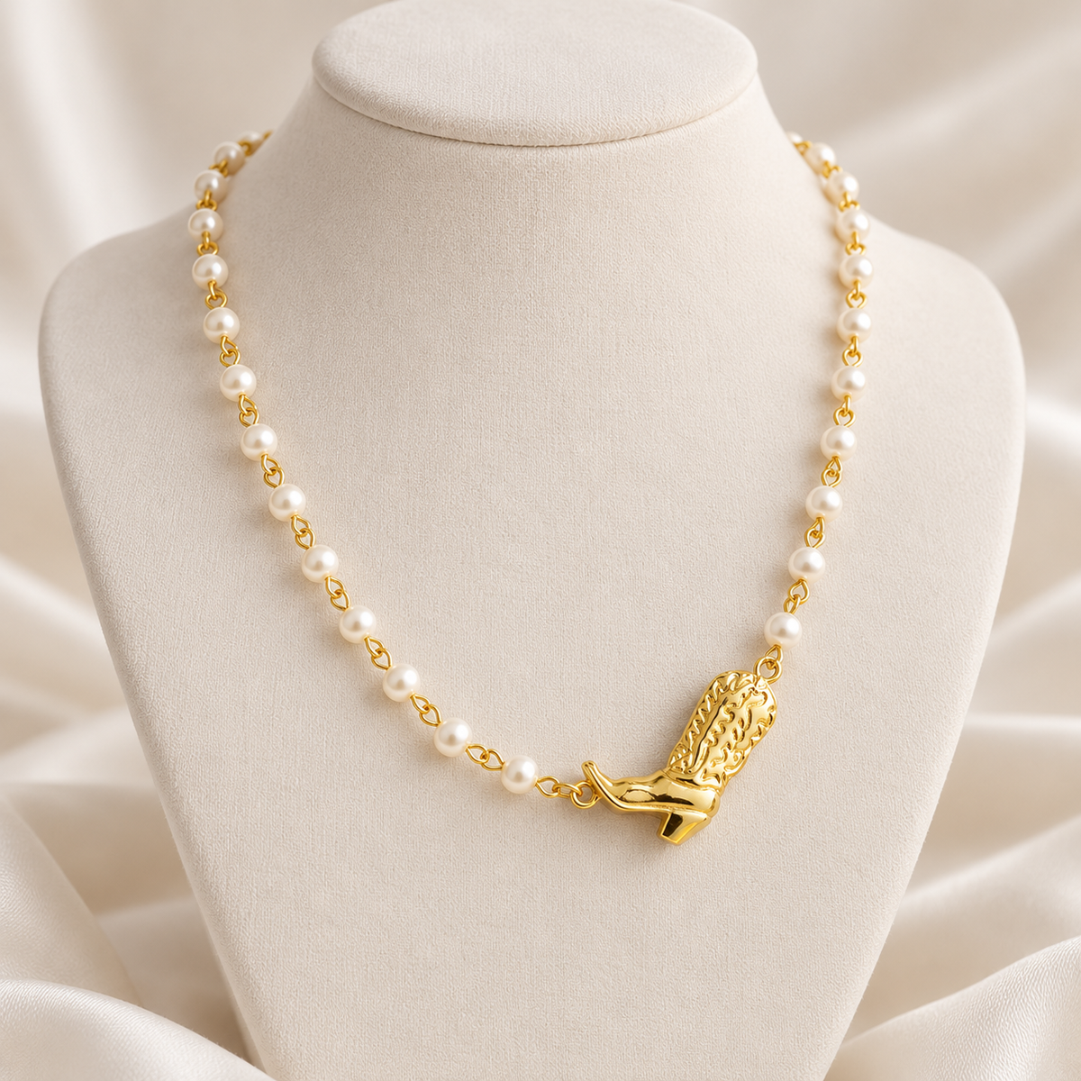 Gold cowgirl boot glass pearl necklace displayed on an ivory jewelry bust