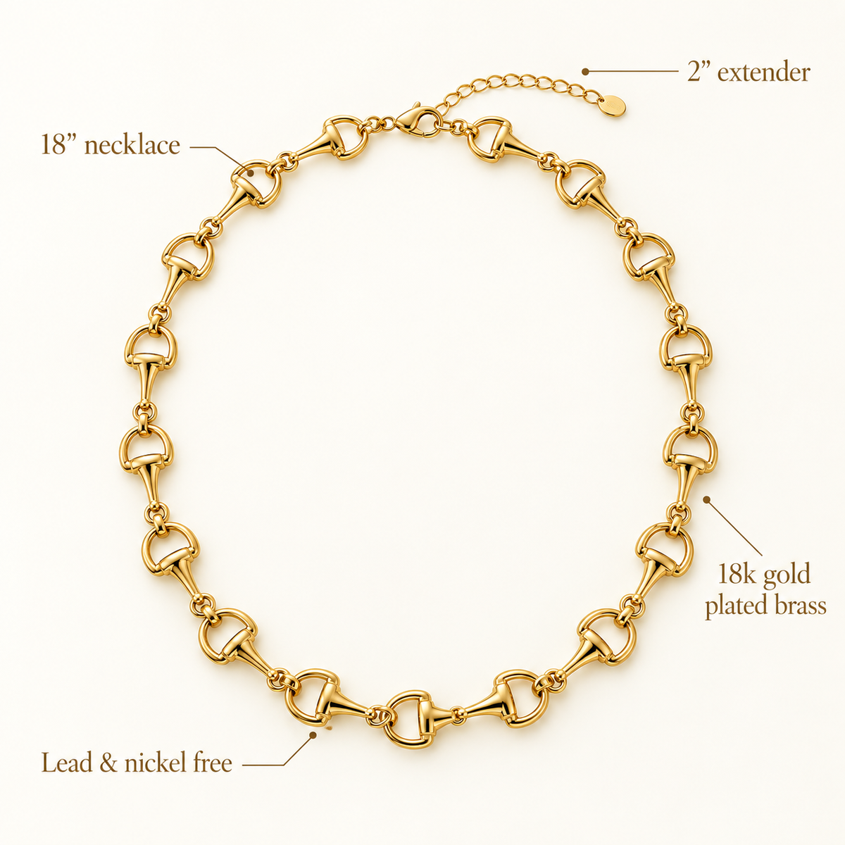 Feature image of classic gold horse bit chain necklace showing 18-inch length, 2-inch extender, and 18k gold-plated brass