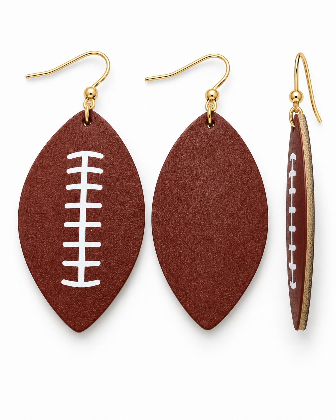Front, back, and side views of football drop earrings showing lightweight flat construction and gold-tone fish-hook closure