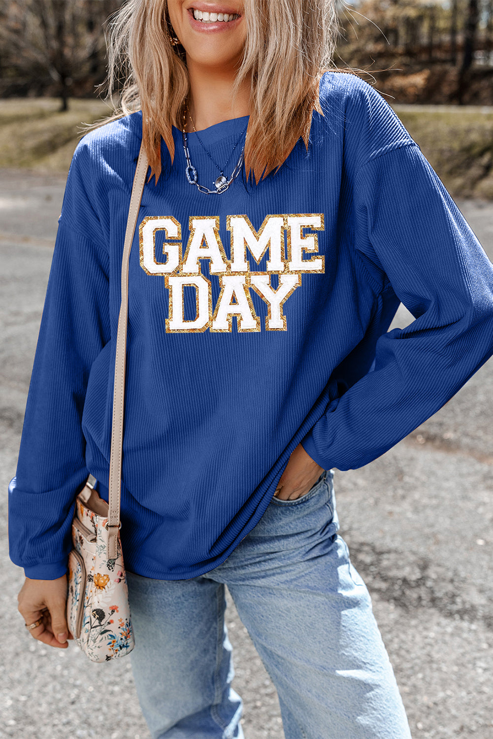 Dark Blue GAME DAY Glitter Sweatshirt – Ribbed Drop Shoulder Pullover