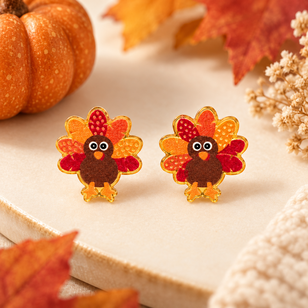 Little turkey Thanksgiving earrings shown in a cozy seasonal product flat lay