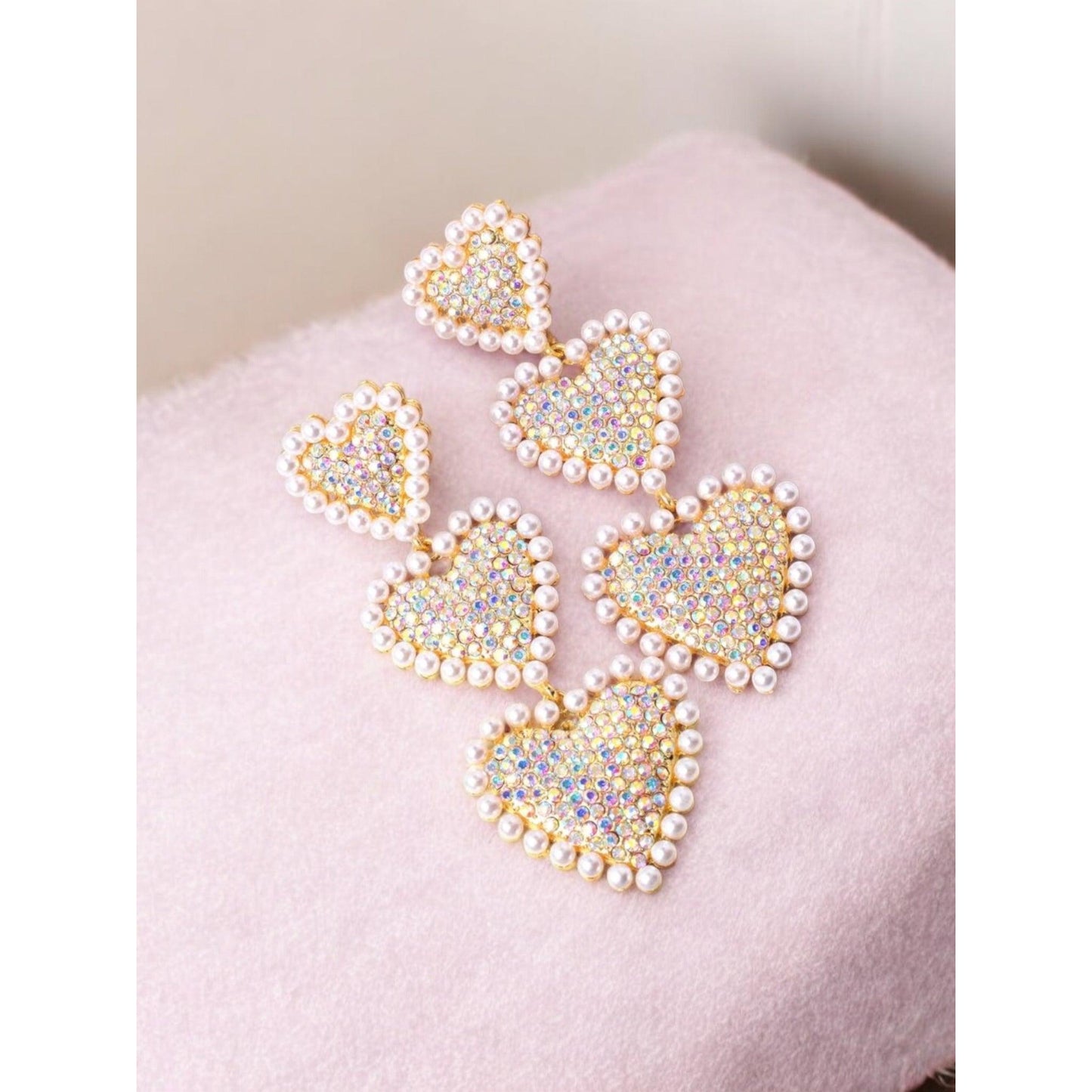 Iridescent Hearts and Pearls Over The Top Glam Earrings