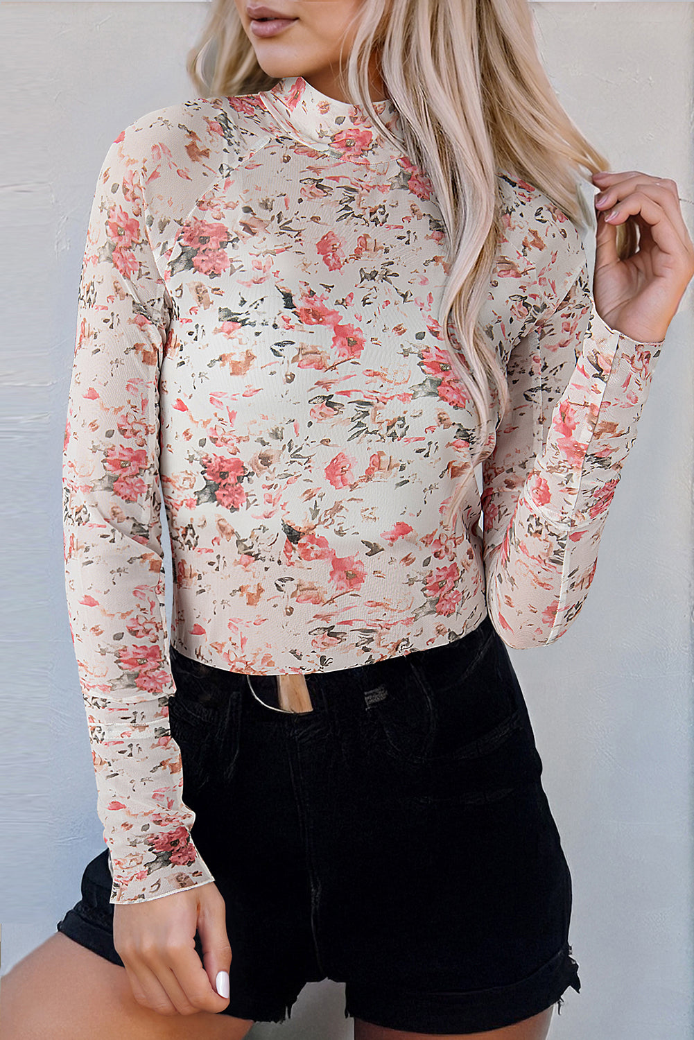 Floral Long Sleeve High Neck Sheath Mesh Blouse