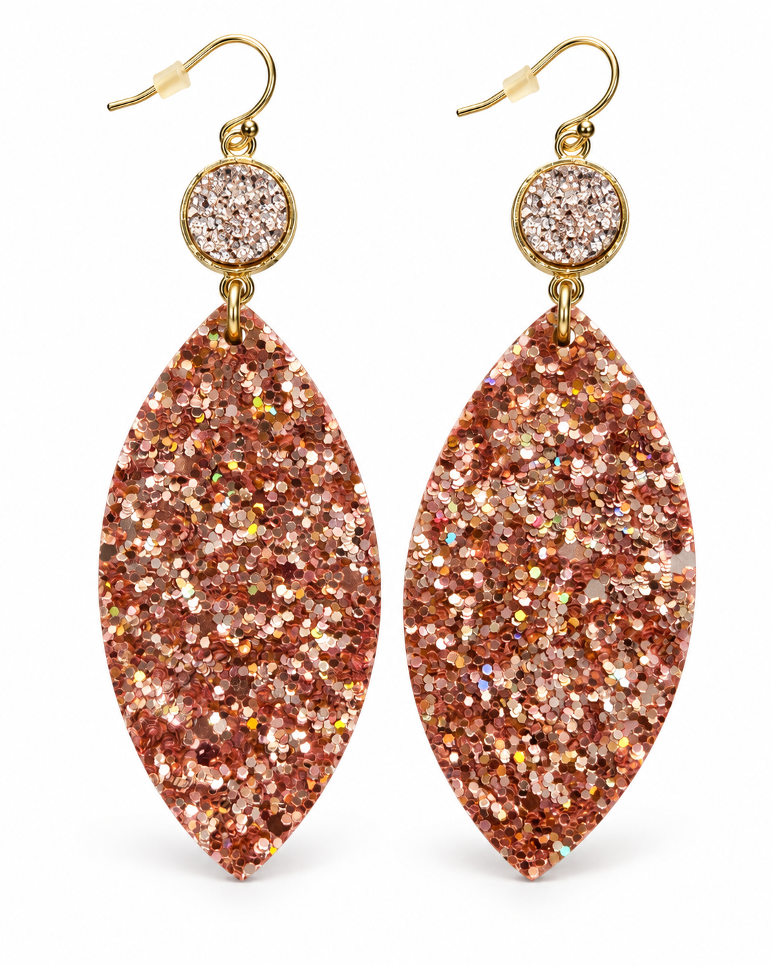 Rosé Glow glitter leaf drop earrings with rose-gold sparkle, crystal-style round accents, and gold-tone hooks on a white background