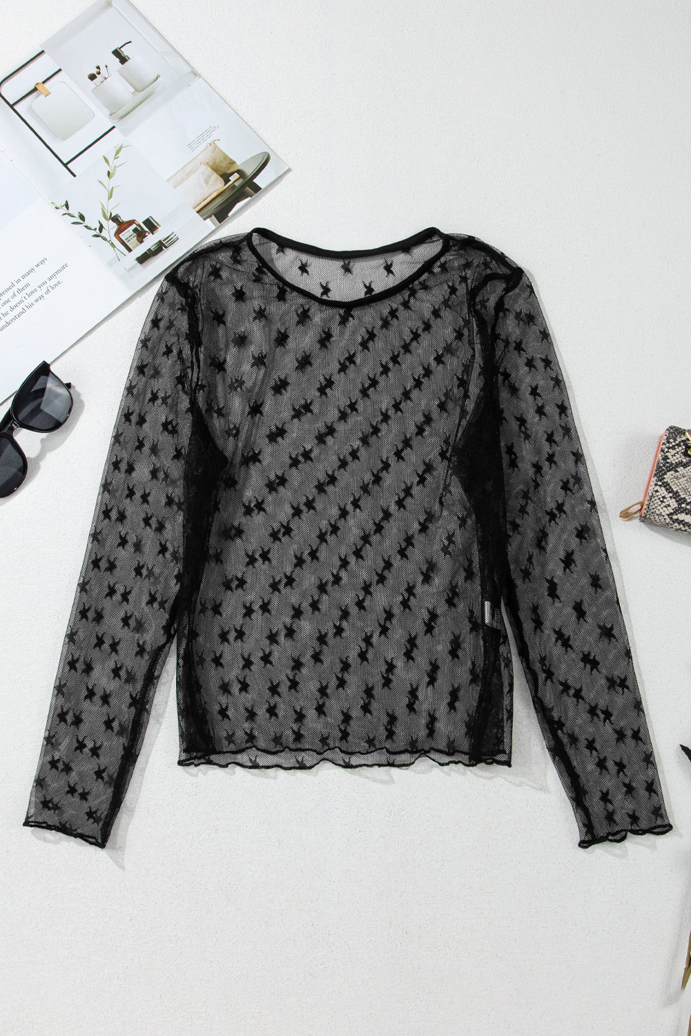 Star Print Mesh Sheer Slim Long Sleeve Top