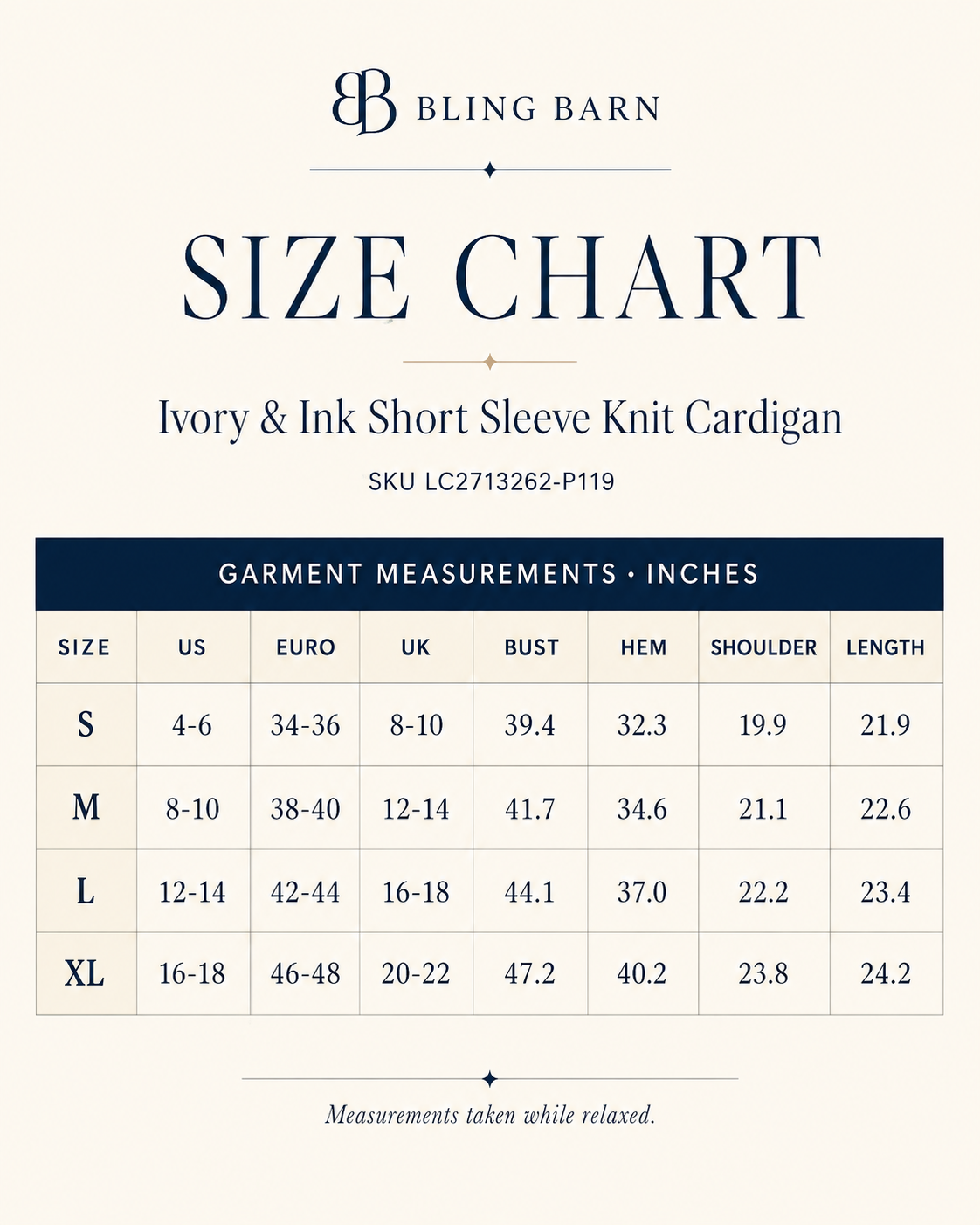 Ivory & Ink Short Sleeve Knit Cardigan size chart with garment measurements for sizes S through XL.