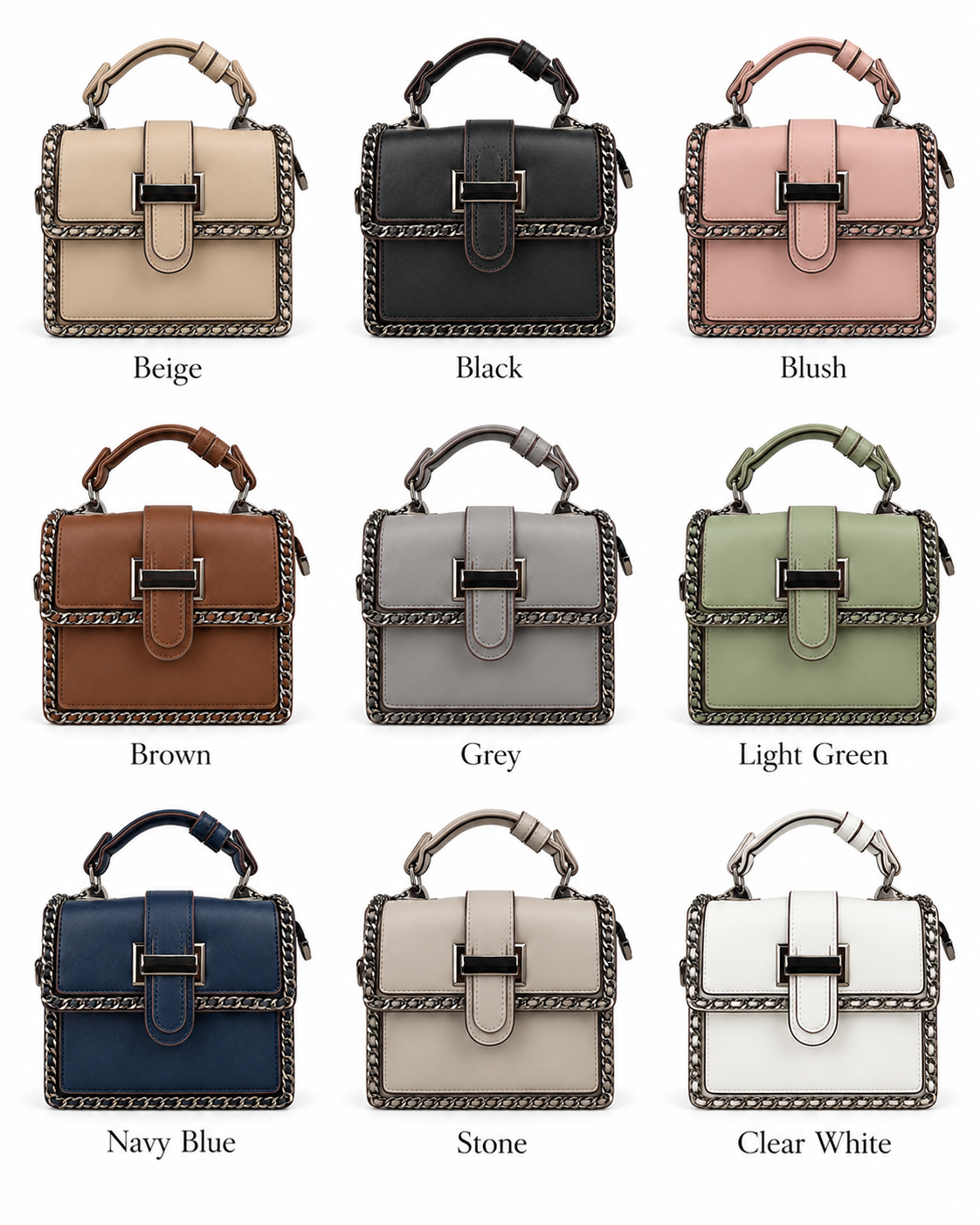 City Edge chain-trim satchel color options in Beige, Black, Blush, Brown, Grey, Light Green, Navy Blue, Stone and Clear White
