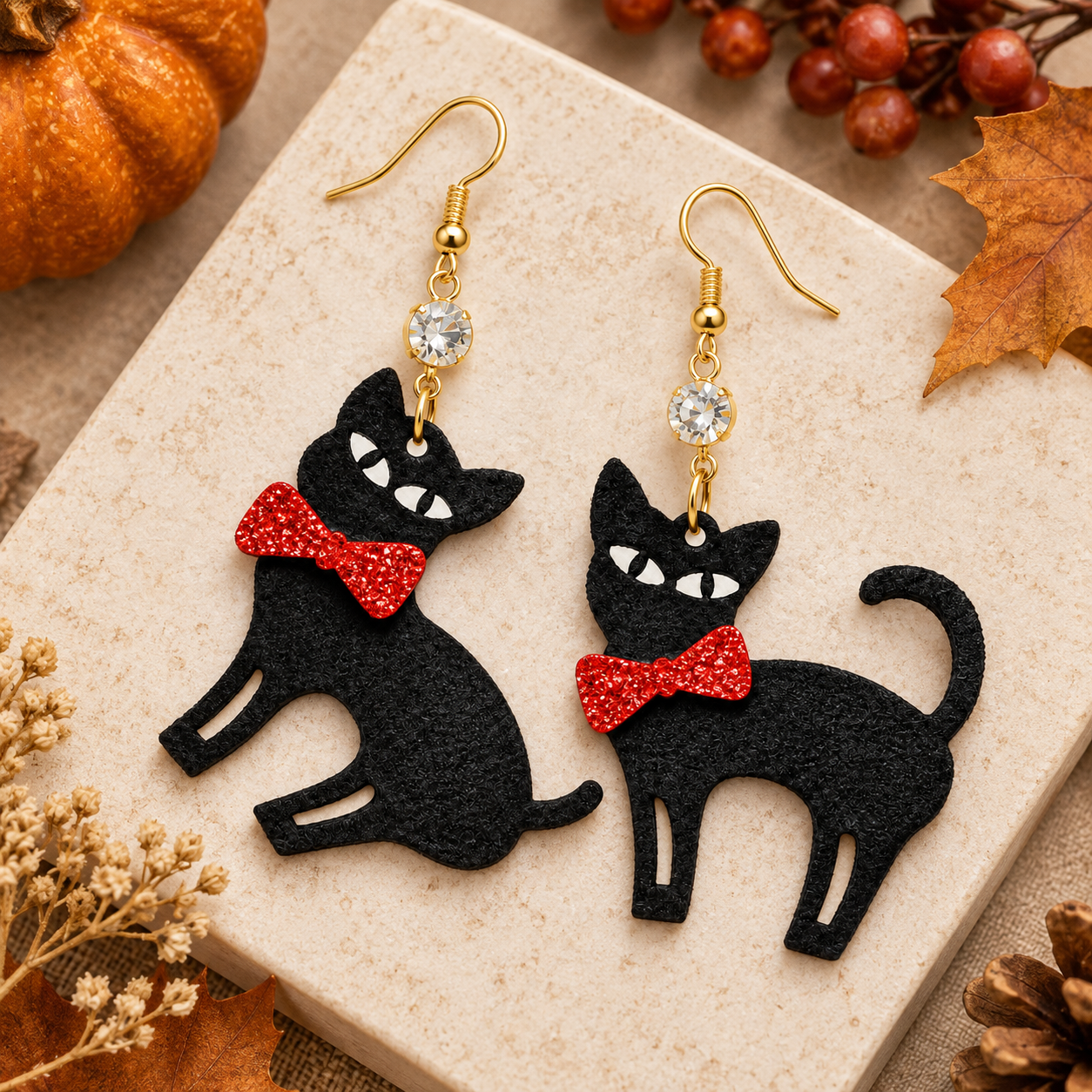 A pair of black cat-shaped dangle earrings with red glitter bow ties and clear rhinestone accents, displayed on a beige stone tile with autumn-themed props including a small pumpkin, leaves, and berries.