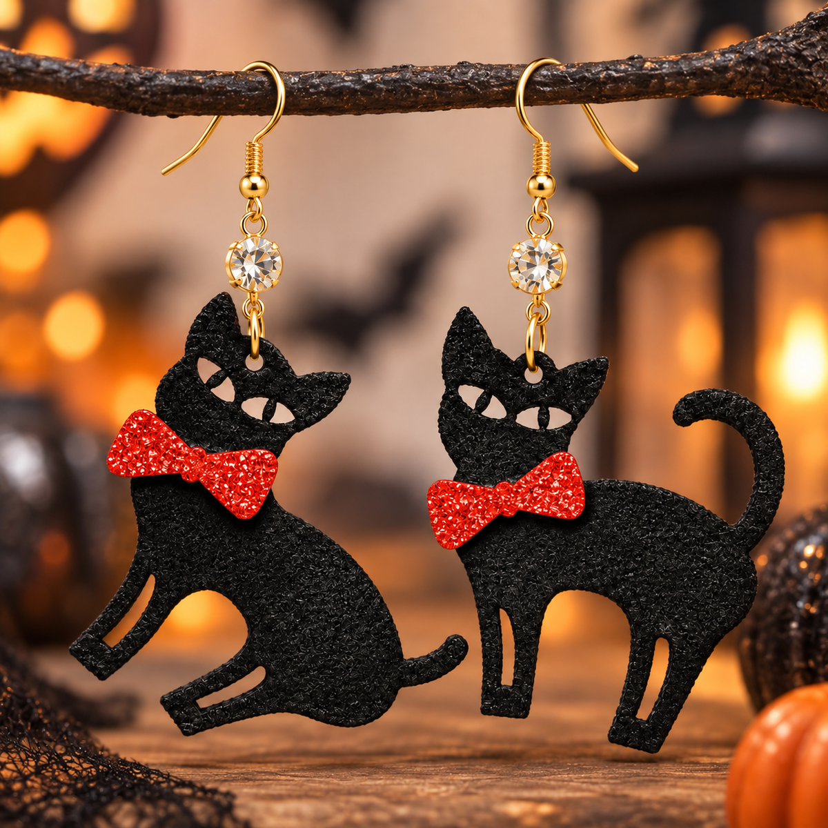 A pair of black cat-shaped dangle earrings with red glitter bow ties and gold hooks, hanging from a dark branch against a warm, blurred Halloween-themed background.