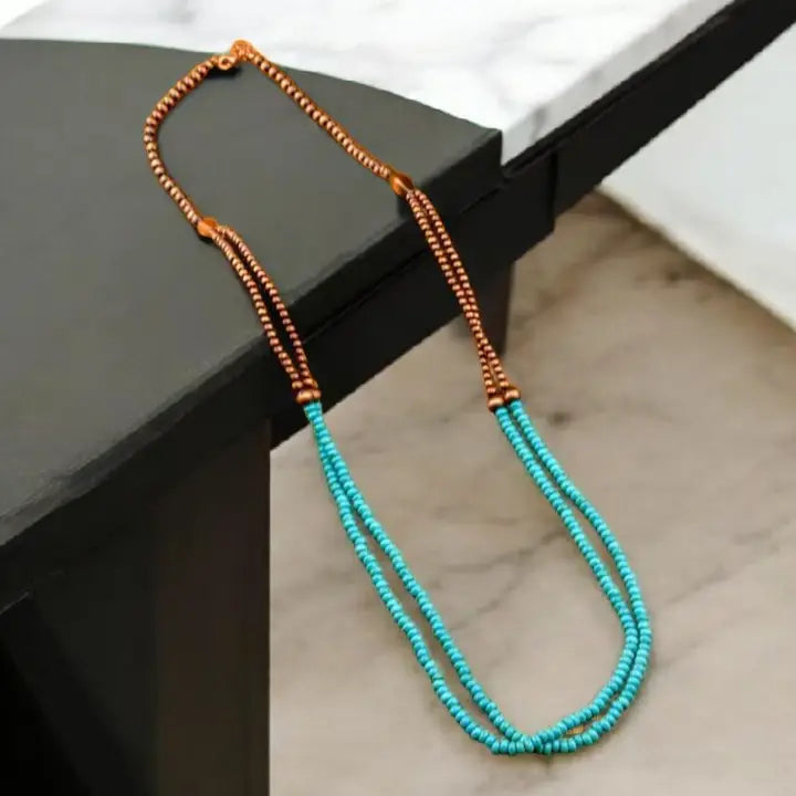 A Western Dance Antiqued Copper Cowgirl Blue Beaded Necklace