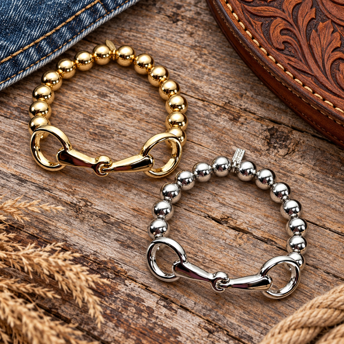 Two beaded bracelets, one gold-toned and one silver-toned, displayed on a rustic wooden surface with denim, leather, and wheat props.