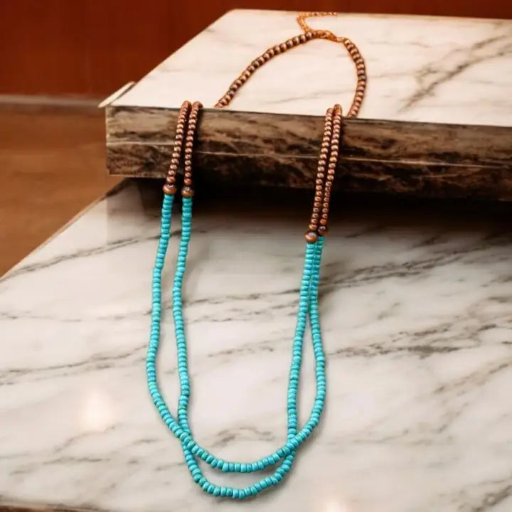 A Western Dance Antiqued Copper Cowgirl Blue Beaded Necklace