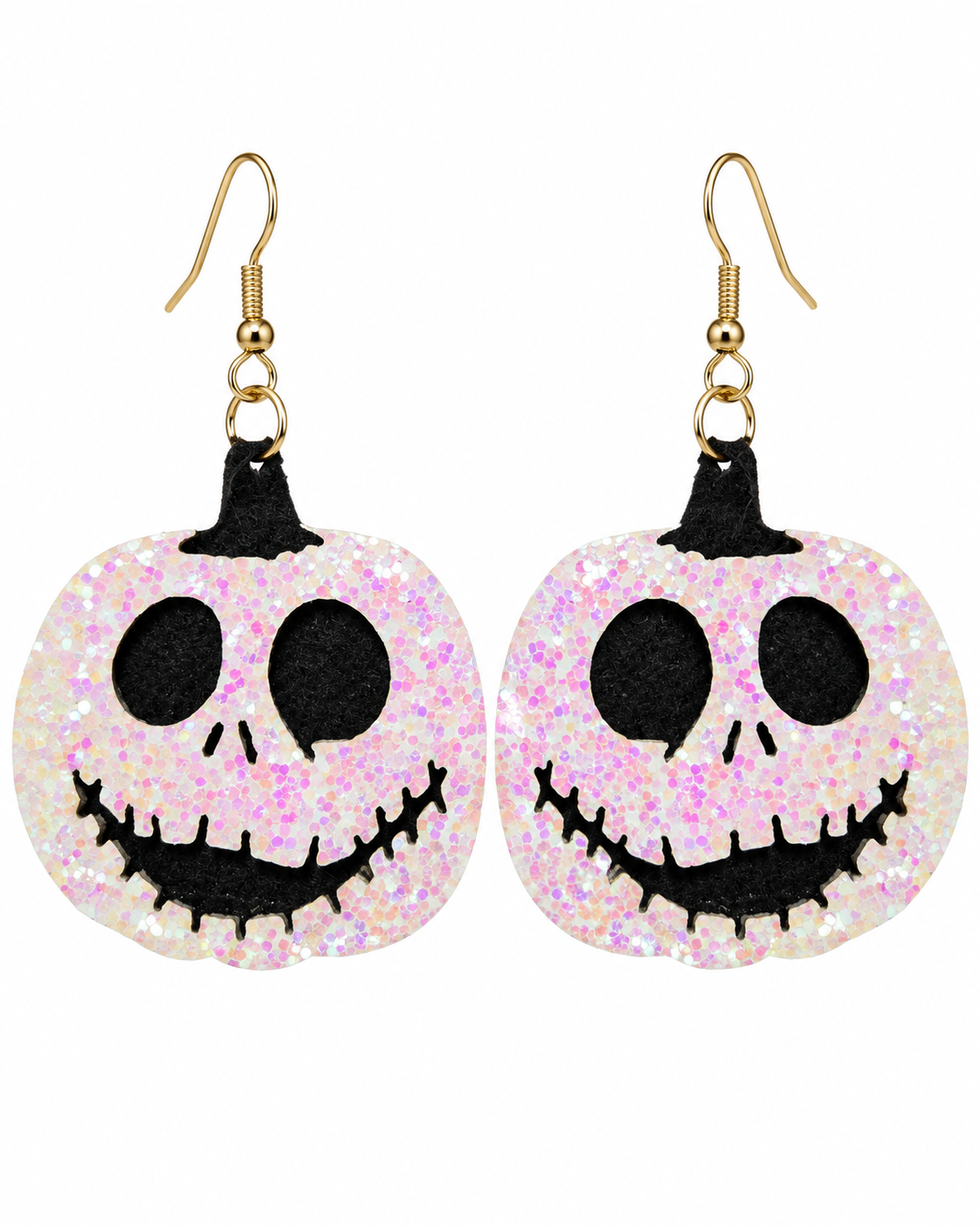 A pair of dangling pumpkin-shaped earrings with a pink and white glitter background, black felt jack-o'-lantern face details, and gold fishhook wires, shown on a plain white background.