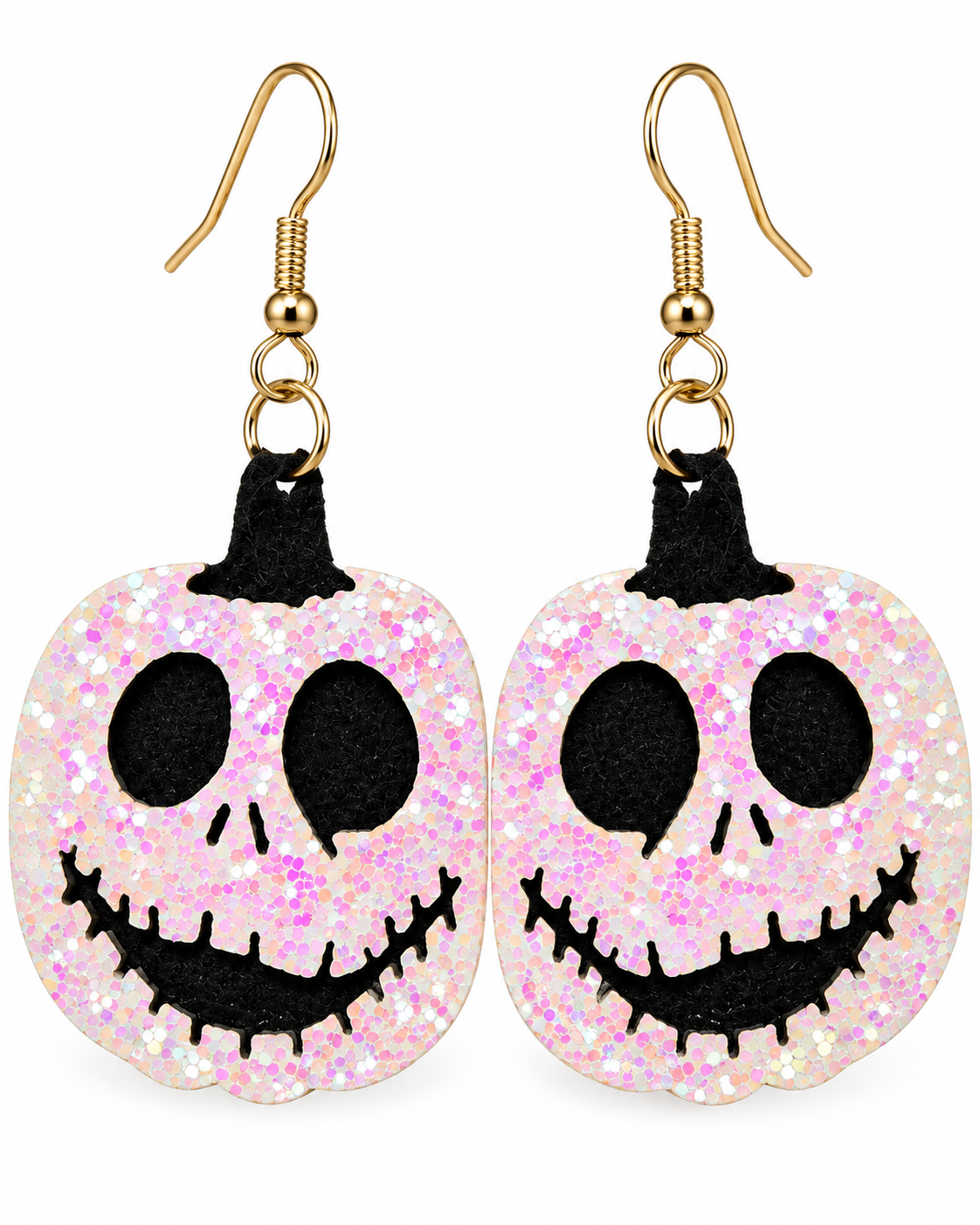 A pair of dangling jack-o'-lantern earrings with glittery pink and white pumpkin faces, black stitched details, and gold-tone hooks on a plain white background.