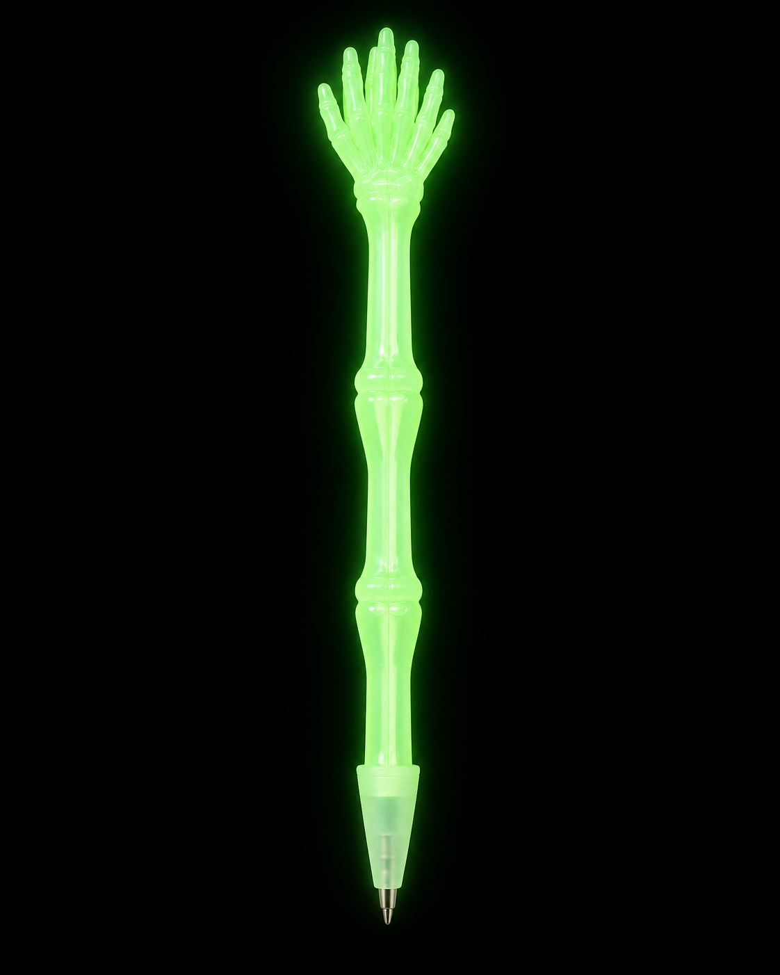 Glow-in-the-dark skeleton hand pen glowing bright green against a black background