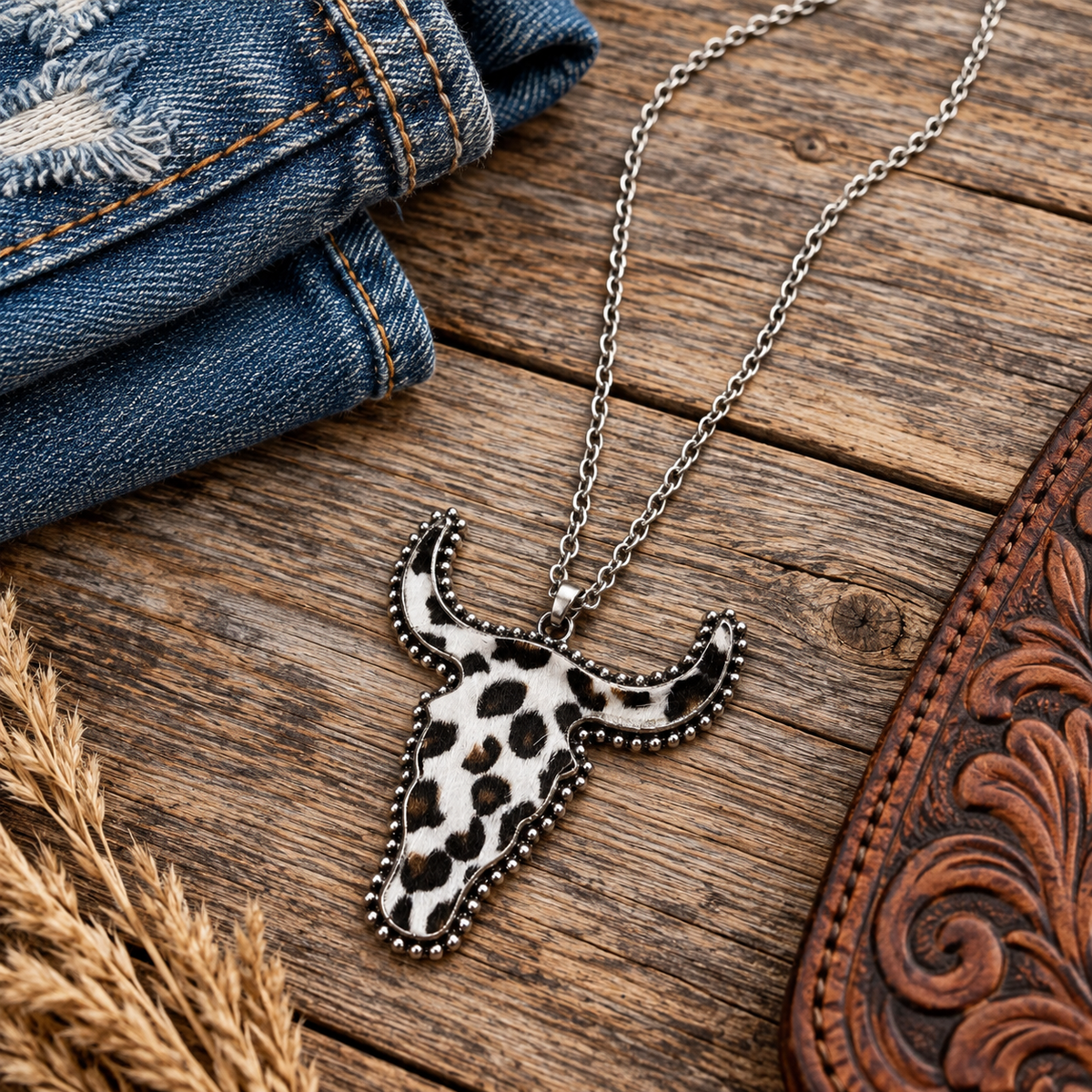 A silver-tone chain necklace with a steer skull pendant featuring a black and white spotted pattern, styled on a rustic wooden surface with denim, dried wheat, and a brown leather tooling piece.