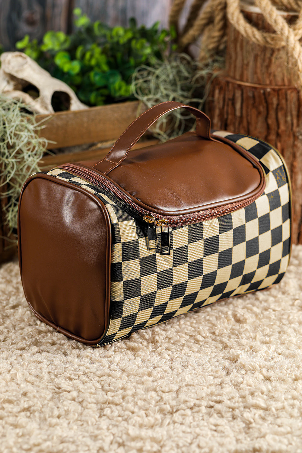 Checkered PU Leather Zipper Makeup Bag