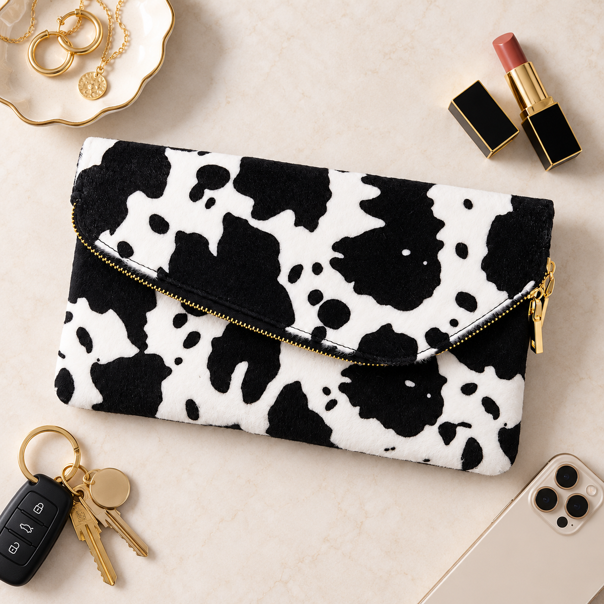Black and white cow print clutch flat lay with phone, keys, lipstick, and gold jewelry