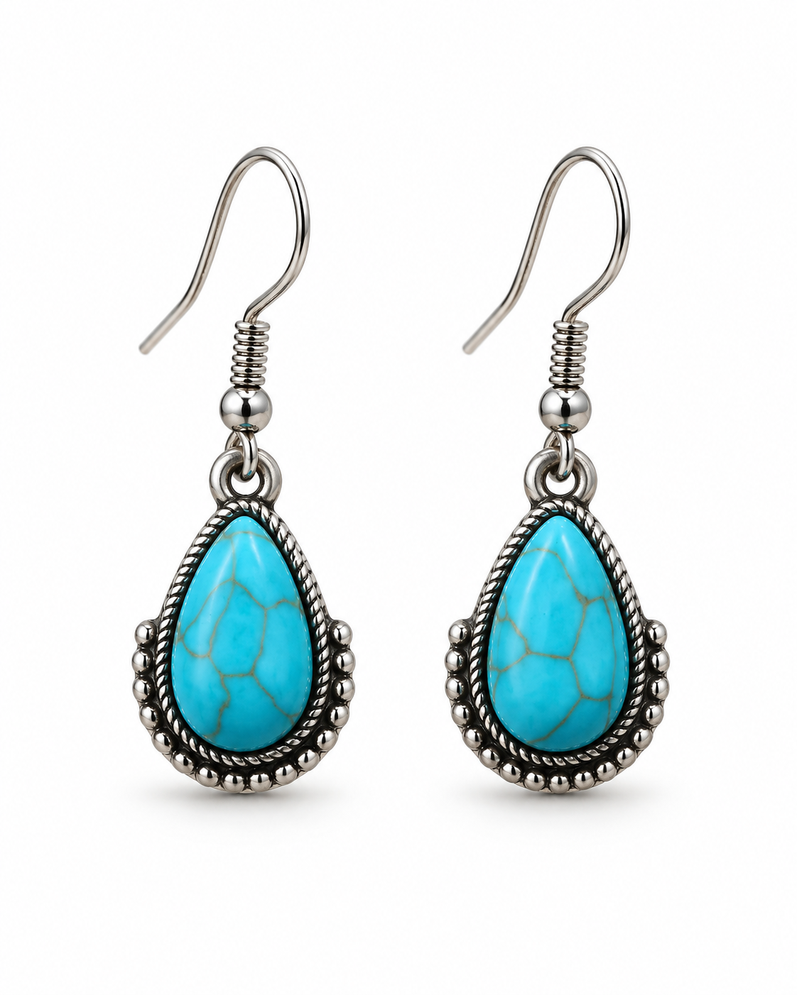 Mesa Sky faux turquoise teardrop earrings with antiqued silver-tone rope and bead detailing on a white background