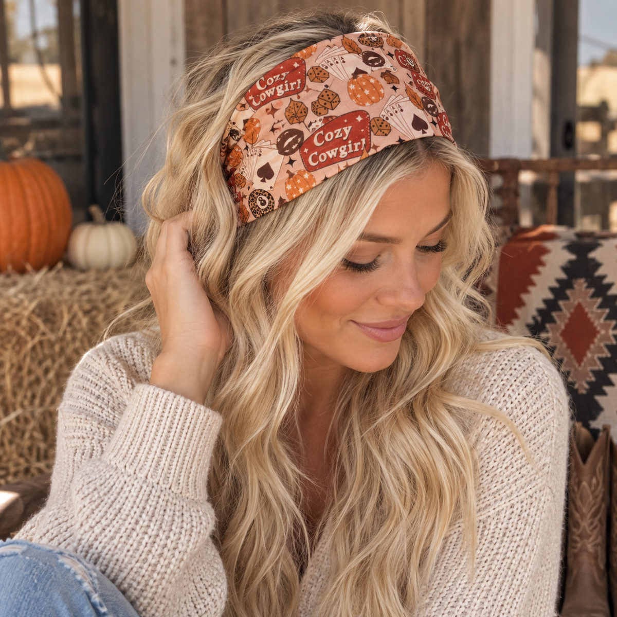 A woman wearing a cozy fall-themed fabric headband with the text 'Cozy Cowgirl' and a pattern of pumpkins, acorns, and leaves, posed in a rustic outdoor setting with hay bales and pumpkins.