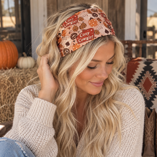 A woman wearing a cozy fall-themed fabric headband with the text 'Cozy Cowgirl' and a pattern of pumpkins, acorns, and leaves, posed in a rustic outdoor setting with hay bales and pumpkins.