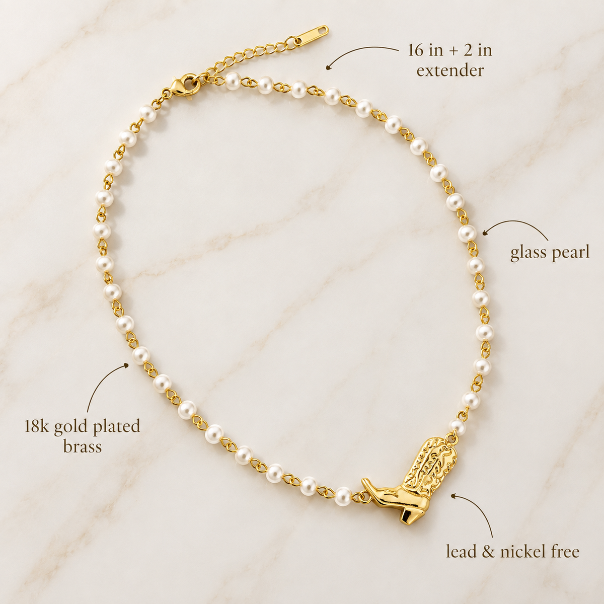 Feature image of gold cowgirl boot glass pearl necklace showing 16-inch length, 2-inch extender, 18k gold-plated brass, and glass pearl details