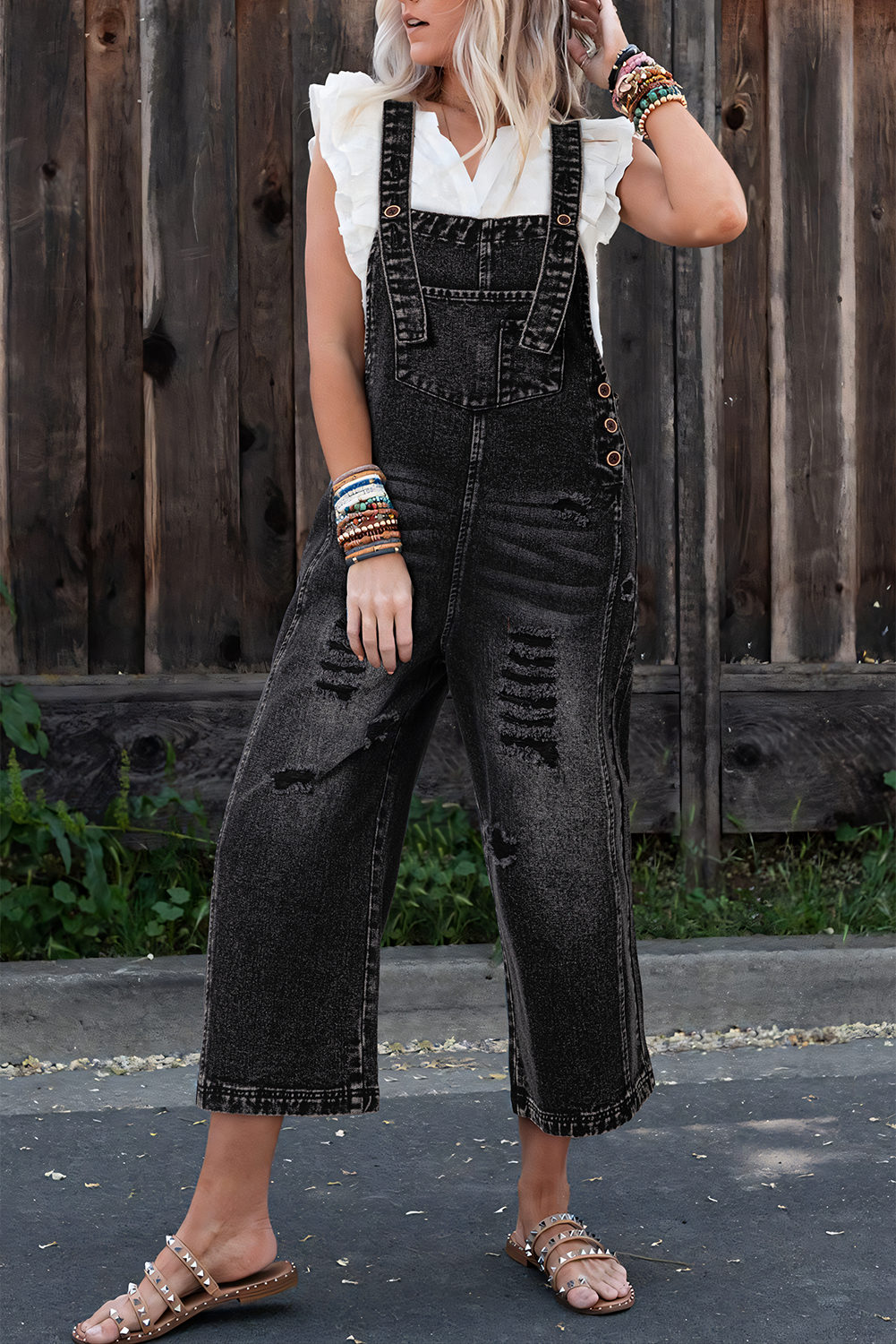 Distressed Bib Pocket Wide Leg Denim Overall