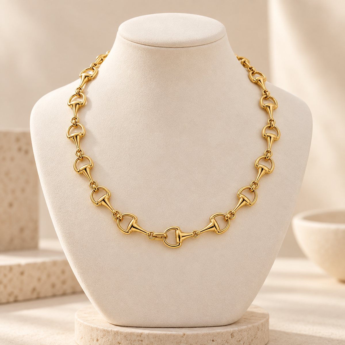 Classic gold horse bit chain necklace displayed on ivory jewelry bust