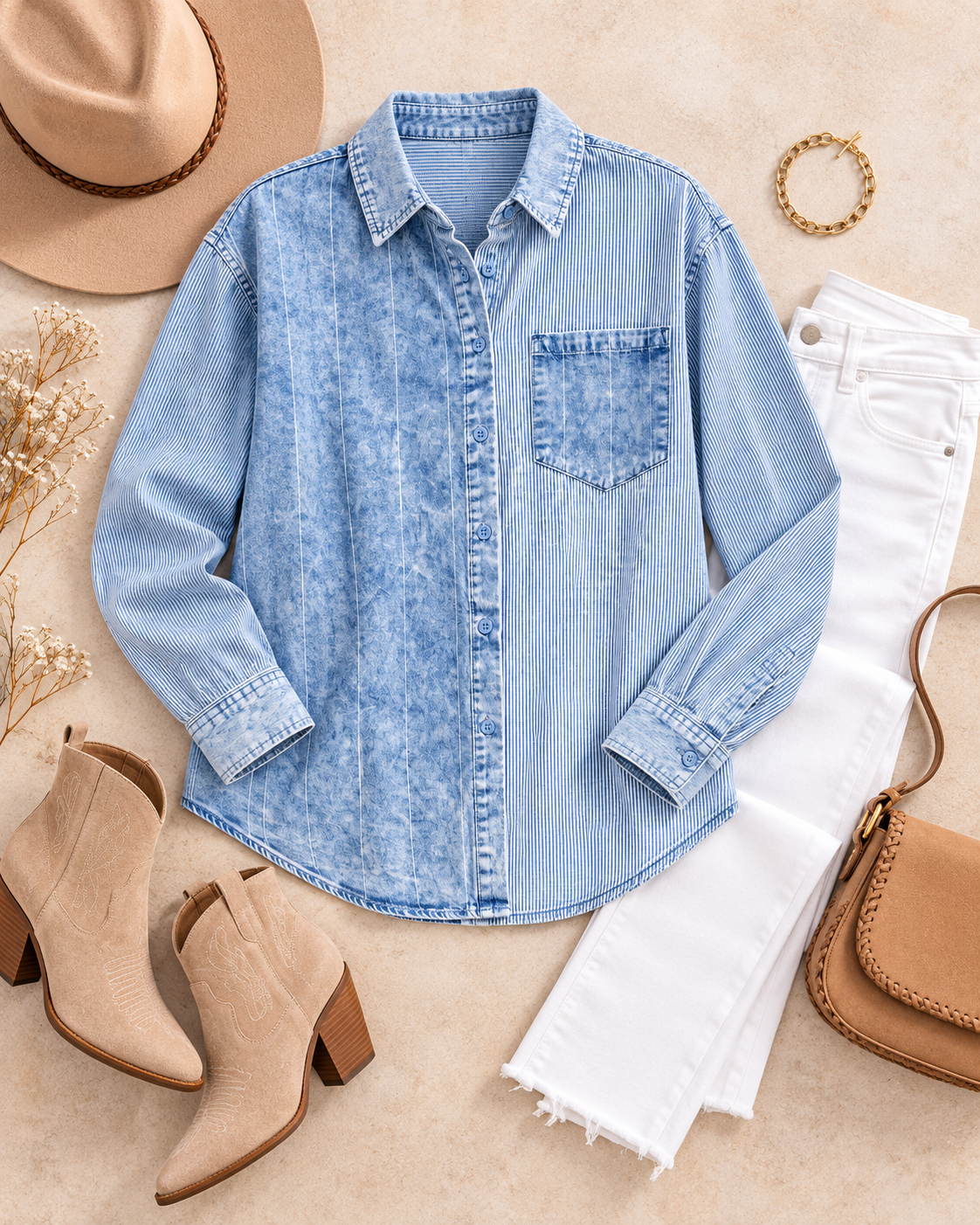 A styled flat-lay featuring a light blue washed denim button-up shirt as the main product, surrounded by a tan wide-brim hat, beige ankle boots, white jeans, a tan shoulder bag, and a gold bracelet on a beige textured background.