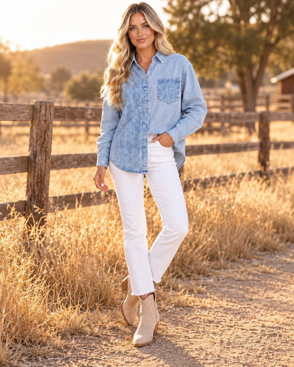 A woman stands on a dirt path in a sunlit rural setting, wearing a light blue denim button-up shirt, white pants, and beige ankle boots. A wooden fence and dry grass are visible in the background.