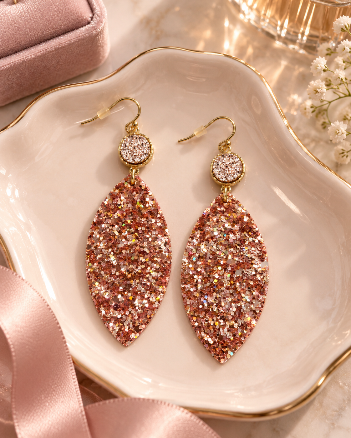 Rosé Glow glitter leaf earrings styled in a blush ceramic jewelry dish with gold trim and soft ribbon details