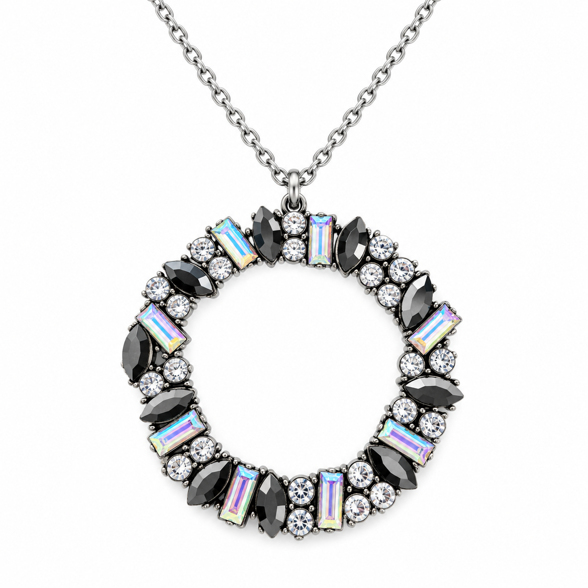 Full silver-tone wreath pendant necklace with black, clear, and iridescent crystal accents displayed on a white background